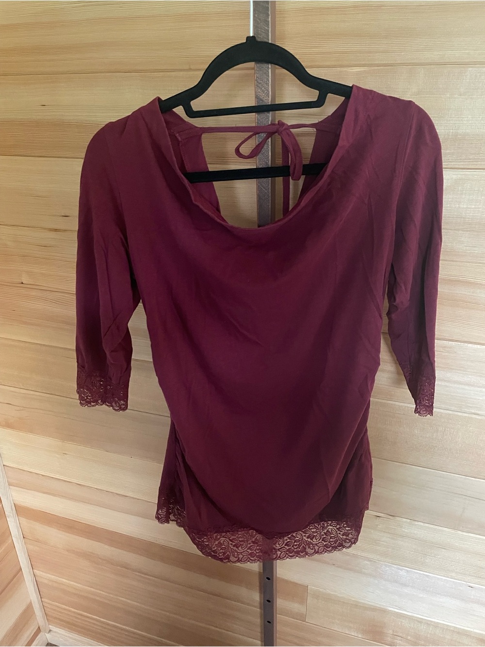 Nomads Hemp Wear Women's Burgundy Lace-Trim Scoop-Neck Tie-Back Blouse Large